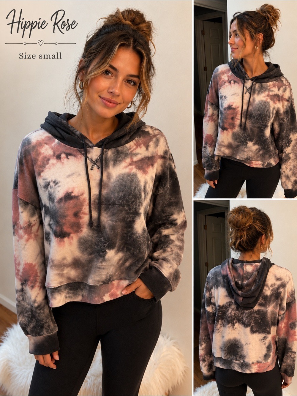 Hippie Rose Tie Dye Cropped Hoodie Sweatshirt Size Small NWT